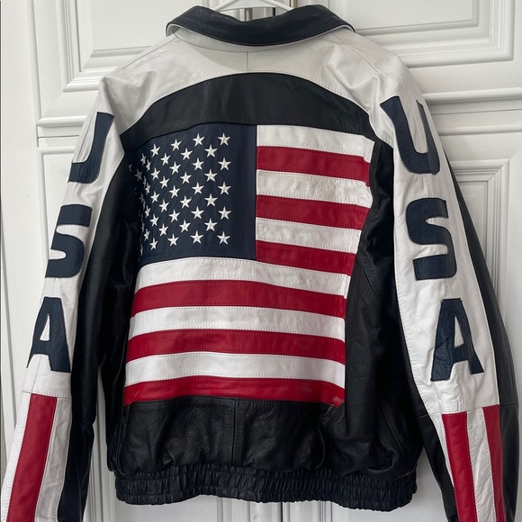 Vintage USA American Flag Black Leather Bomber Jacket Biker Motorcycle size M - Picture 1 of 17